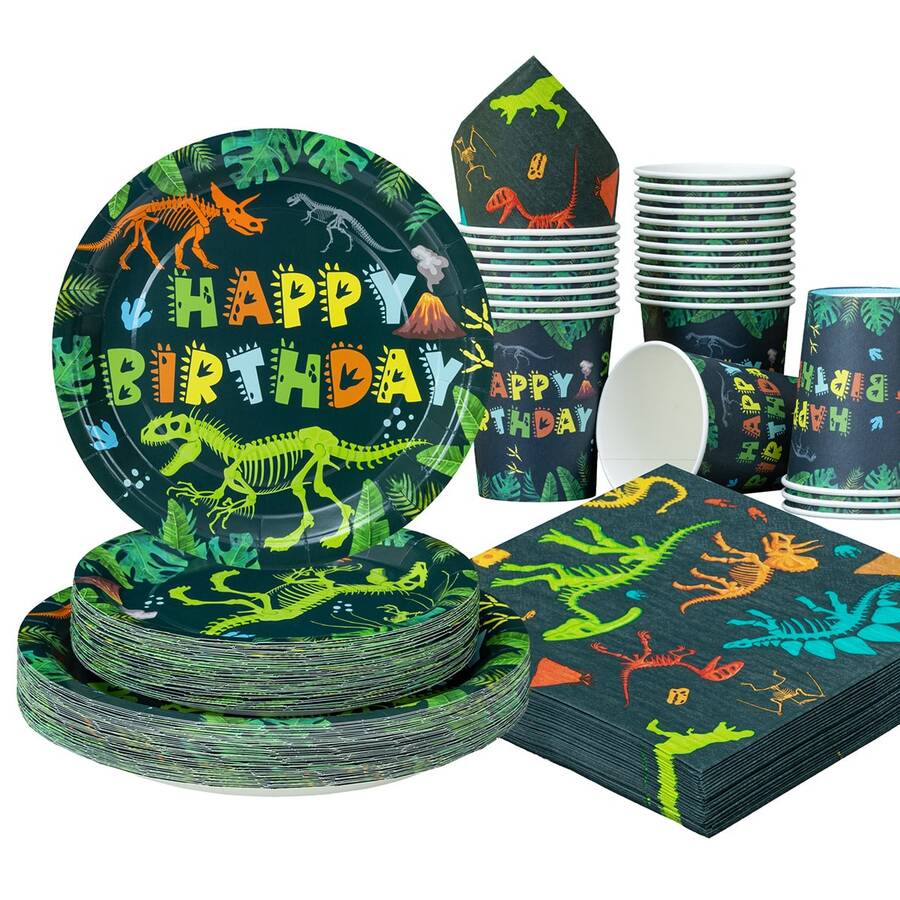 Dinosaur Fossil Happy Birthday Disposable Plates, Napkins And Cups, Dinosaur Fossil Happy Birthday Plates, Napkins And Cups Party Supplies, Suitable For 25 Guests, Disposable Paper Plates Party Tableware Suitable For Birthday Party, Family Picnic - Nhiều màu - Xem 1