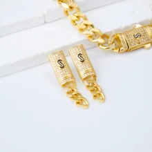 5pcs/Set Vintage 18K Gold Plated Zirconia Cuban Link Earrings, Necklace, Ring, Bracelet Jewelry Set, Suitable For Women, Wedding, Daily, Party, Graduation, Birthday, Gift, Couples