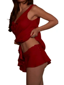 Women Cute Babydoll Pajamas Sets 2 Pieces Outfits Y2K Fold Over Shorts Set Sleeveless Tie Front Chiffon Ruffle Flowy Tank Top And Ruffled Wide Leg Shorts Sets Teen Girls Sweet Pjs Loungewear Sleepwear - 紅色 - 查看 5
