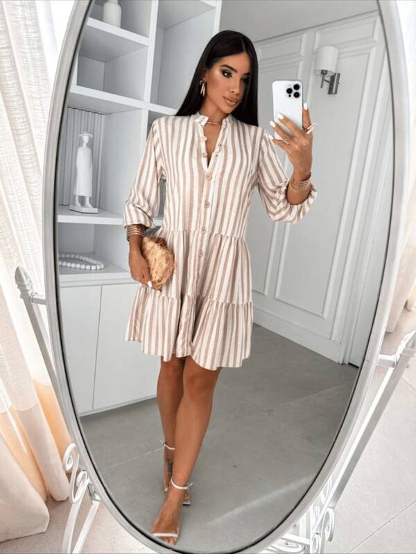 Vestido bata Listrado Manga 3/4 Com botão em Linho