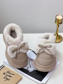 Women's Comfortable Chunky-Soled Boots, Featuring Plush Fur For Warmth Retention, An Exquisite Bow Design, Chunky Soles Ideal For Winter.