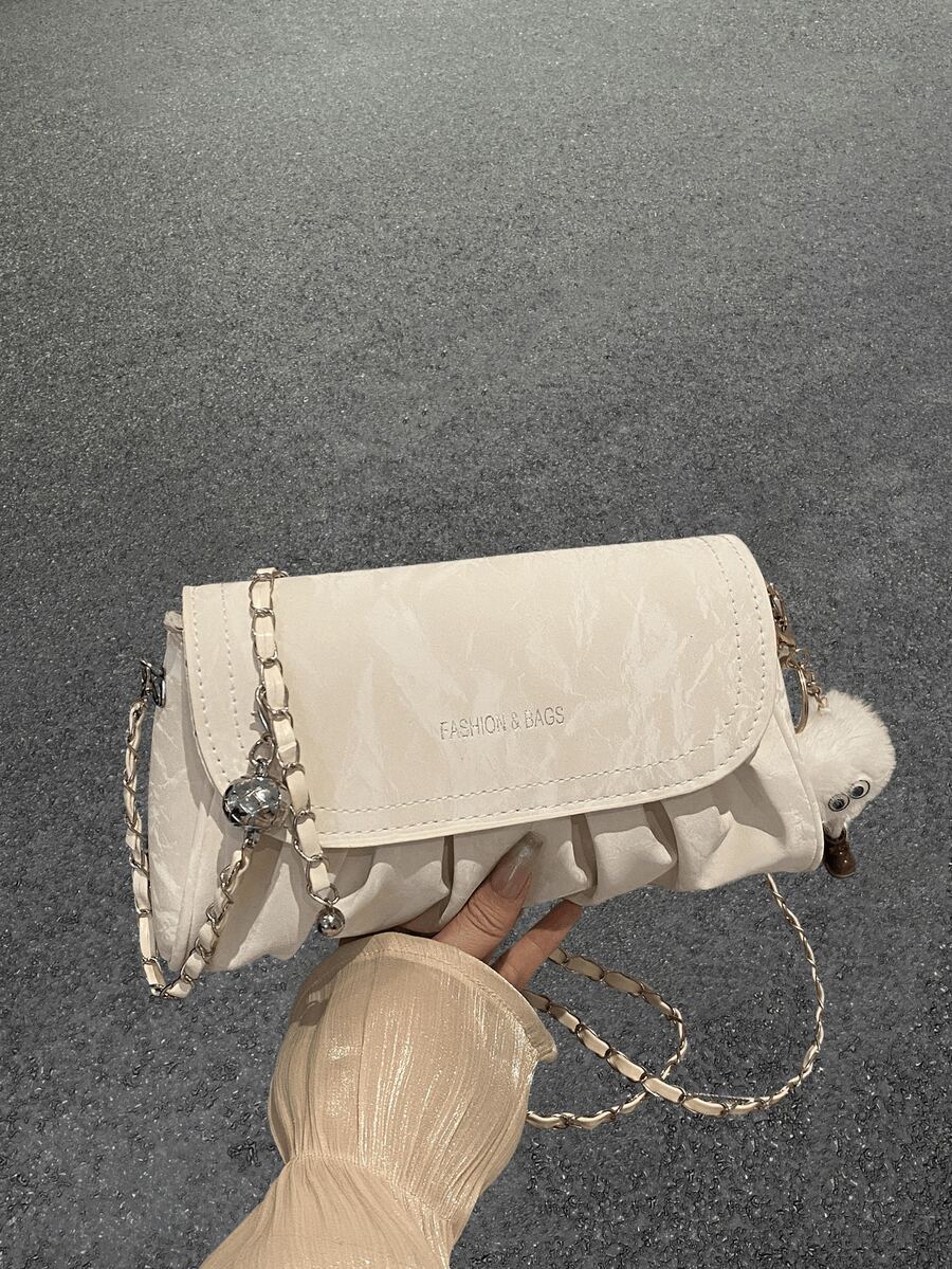 Bolsa de ombro feminina elegante com design de nuvem plissada e corrente, bolsa transversal quadrada pequena e estilosa