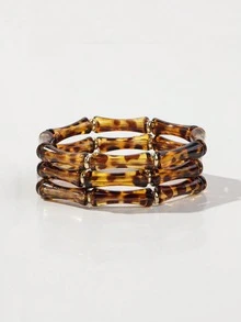 1 Set Of 3pcs Bohemian Acrylic Marble Texture Olive Green Bamboo Beaded Elastic Bracelets, Suitable For Women's Daily Wear, Gift, Holiday, Beach Jewelry - Blue - View 11