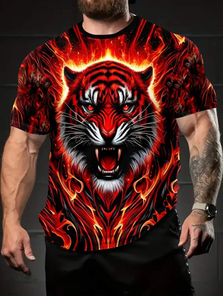 Men's 3D Printed Tiger Head T-Shirt. Summer Breathable Short Sleeves, Bright Orange, Black And Red Design, Slightly Elastic Round Neck, Suitable For Outdoor Sports And Leisure Wear. Ideal Gift For Men, Comfortable Version Of The Top. - trắng - Xem 1