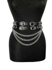 L1pcs Ladies Black Pu Leather Chain Belt Punk Fashion Bundle Garter Party Wear With Accessories Harness For Women