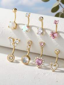 8pcs Sexy Glamorous Butterfly & Heart Shaped Cubic Zirconia Navel Rings Set, Intimate Piercing Jewelry For Party