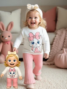 女婴可爱卡通猫咪印花长袖圆领卫衣 + 褶皱喇叭裤套装 - 白色 - 查看 4