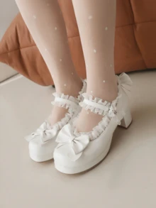 Women Kawaii Mary Jane Pumps Mid Block Heel Fashion Dress Shoes With Cute Bow Platform Chunky Heel Sweet Party Wedding Hallowen Cosplay Shoes For Women - trắng - Xem 3