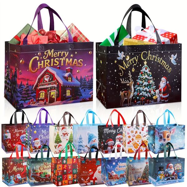16pcs Large Christmas Gift Bags With Handles | Extra-Large Party Favor Bags (12.8x9.84x6.99in) - Reusable Santa, Snowman, Christmas Tree Designs - Heavy-Duty PP Material For Holiday Shopping, Xmas Parties, Gift Giving - Birthday & Event Bags, Christmas Bags For Gifts, Cheerful Prints, Durable Construction, Festive Prints, Sturdy Construction, Festive Decorators(1/8/16pcs) Christmas Christmas Decorations Christmas Pajamas Christmas Gifts Christmas Decor