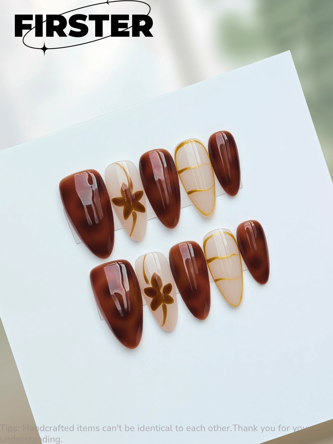10 pezzi di unghie acriliche fatte a mano da applicare, forniture per unghie, lunghezza media, unghie a mandorla da applicare, unghie marroni, smalto trasparente, unghie da applicare per l'autunno, unghie leopardate, linee dorate, dipinte a mano, unghie per luce UV, kit per unghie acriliche, con strumenti per unghie