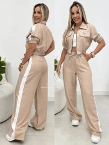 Women's Set Short Sleeve Jacket And Two-Color Wide-Leg Pants - Beige - View 2