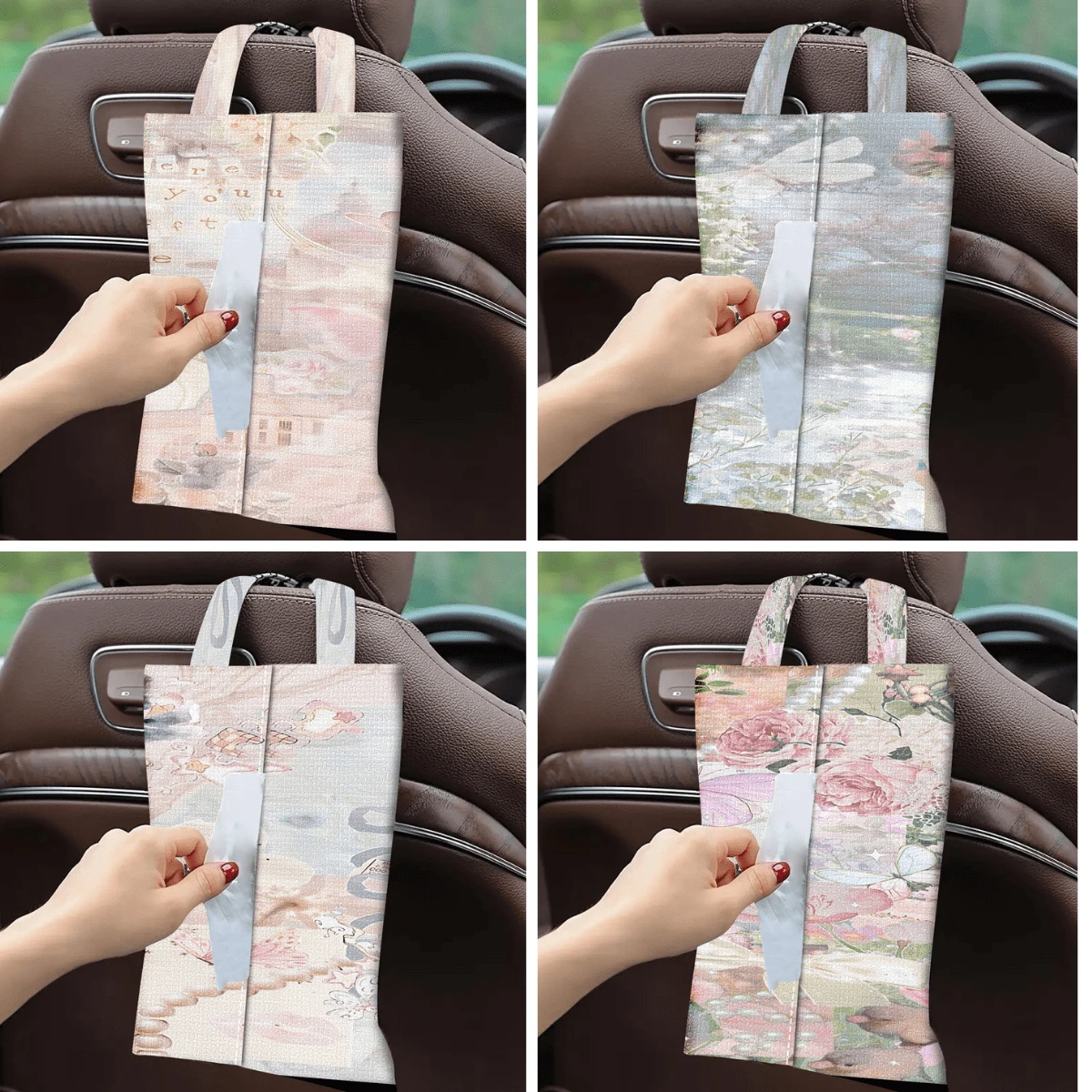 1 pieza/2 piezas/4 piezas Soporte para toallas de papel con ilustración soñadora impresa - Caja de pañuelos de tela de poliéster rectangular con cuerda colgante, adecuada para sala de estar, dormitorio, baño y coche, accesorio de decoración del hogar de moda, patrón elegante, estructura duradera, almacenamiento funcional - Multicolor - Ver 1