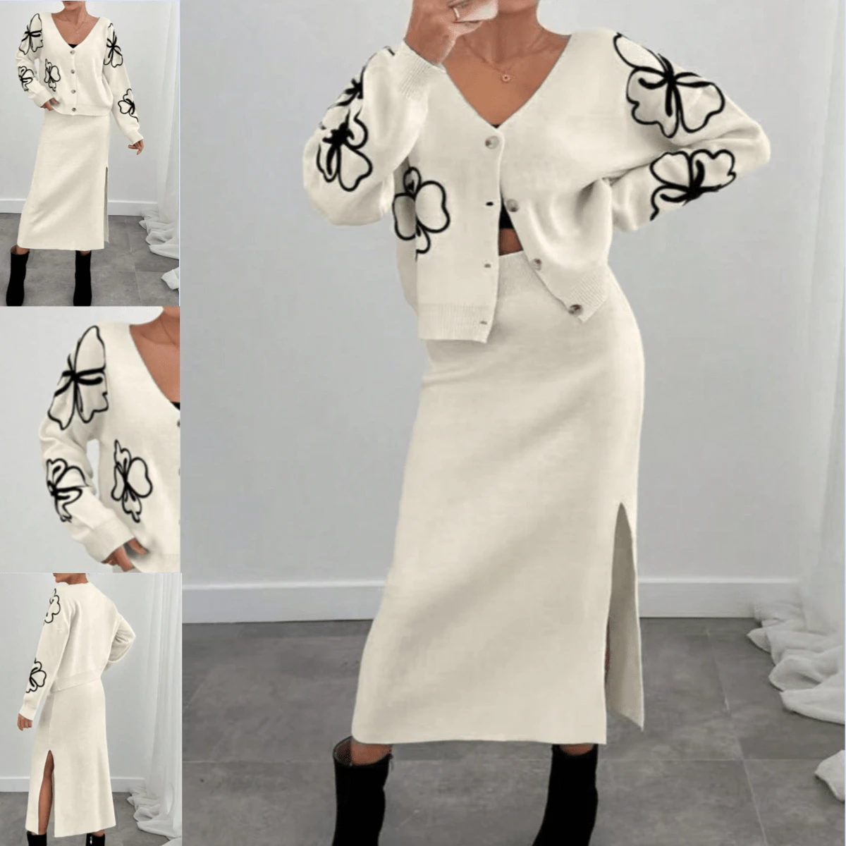 مجموعة قطعتين لفصل الخريف/الشتاء: كارديجان محبوك بنقشة زهور سوداء وبيضاء مع تنورة قلم أنيقة