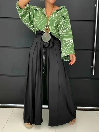 Women's High Waist Pleated Drawstring Loose Fit Pants Vacation