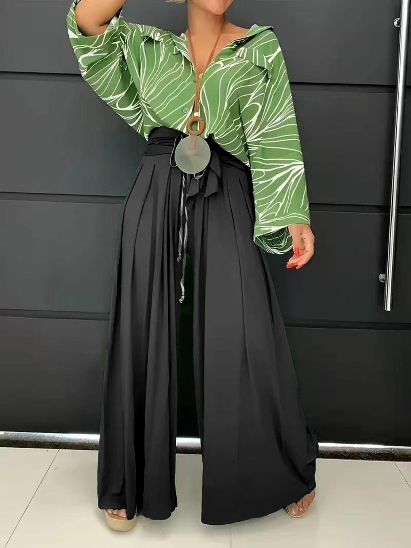 Women's High Waist Pleated Drawstring Loose Fit Pants Vacation - Black - View 1