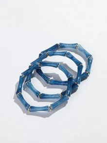 1 Set Of 3pcs Bohemian Acrylic Marble Texture Olive Green Bamboo Beaded Elastic Bracelets, Suitable For Women's Daily Wear, Gift, Holiday, Beach Jewelry - Blue - View 2