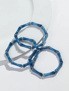 1 Set Of 3pcs Bohemian Acrylic Marble Texture Olive Green Bamboo Beaded Elastic Bracelets, Suitable For Women's Daily Wear, Gift, Holiday, Beach Jewelry - Blue - View 3