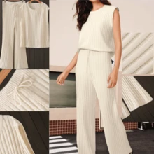 مجموعة قطعتين للنساء في فصل الخريف/الشتاء: ملابس علوية كنزة بدون أكمام وبنطلون صوفي