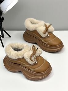 Women's Comfortable Chunky-Soled Boots, Featuring Plush Fur For Warmth Retention, An Exquisite Bow Design, Chunky Soles Ideal For Winter.
