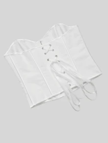 Nueva parte superior de corsé moldeador de Body con botón negro mate texturizado, espina de pescado, cordón, cintura ceñida, top corto para fiesta - Beis - Ver 5