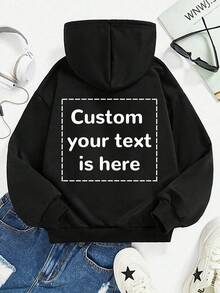 Customized Text Printed Fleece Hoodie For Plus Size Women, Black, Suitable For Christmas, Personalize With Your Interesting Quotes, Blessings Or Messages, Casual Pullover Hoodie Sweatshirt For Women, Black Top For Autumn/Winter, Customized Graphic For Halloween, Christmas, Back To School Season, Team Uniform, Outdoor Apparel, School Uniform, Sportswear - Black - View 1