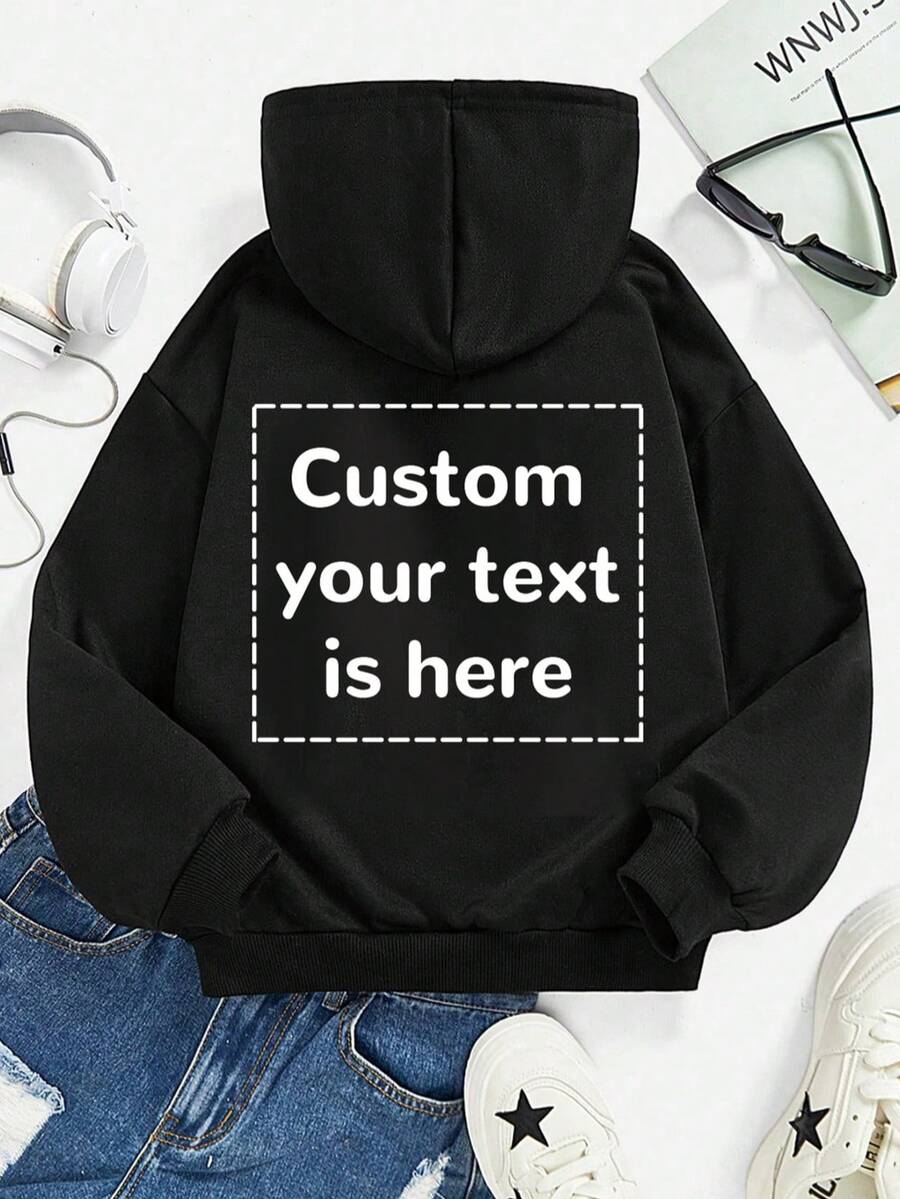 Customized Text Printed Fleece Hoodie For Plus Size Women, Black, Suitable For Christmas, Personalize With Your Interesting Quotes, Blessings Or Messages, Casual Pullover Hoodie Sweatshirt For Women, Black Top For Autumn/Winter, Customized Graphic For Halloween, Christmas, Back To School Season, Team Uniform, Outdoor Apparel, School Uniform, Sportswear - Black - View 1