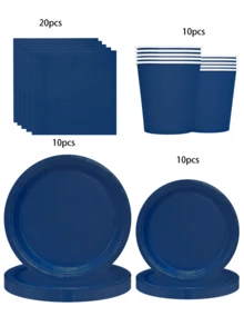10件套海军蓝派对用品套装，包括纸盘、餐巾纸、纸杯和餐具，适合海军蓝主题派对装饰。蓝色纸盘套装，派对礼包，适合男士洗礼、生日、毕业派对及其他场合。 - 深藍 - 查看 6