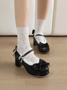 Women Kawaii Mary Jane Pumps Mid Block Heel Fashion Dress Shoes With Cute Bow Platform Chunky Heel Sweet Party Wedding Hallowen Cosplay Shoes For Women - 黑色 - 查看 5
