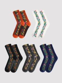 5 Pairs Women's Vintage Floral Knitted Socks - Bohemian Style Crew Socks For Autumn Winter, Warm Comfortable Boot Socks With  Design, Perfect Match For Boots & Dresses, Ideal Festival Gift