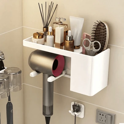 1 pieza Soporte de plástico para secador de pelo - Estante de almacenamiento montado en la pared sin taladrar, organizador de baño ahorra espacio y diseño elegante, sin necesidad de carga o batería. Estante de almacenamiento para secador de pelo y plancha montado en la pared - Instalación sin taladrar, organizador de baño ahorra espacio con 2 ranuras para cepillos y accesorios, aluminio resistente, diseño moderno, fácil de instalar, diseño minimalista