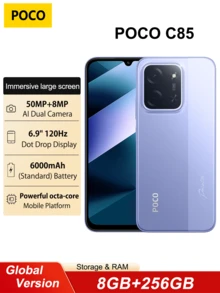 Xiaomi Smartfon POCO C85 6+128 GB, 8+256 GB, wersja globalna, wciągający wyświetlacz 6,9 cala, ogromna bateria 6000 mAh, procesor Helio G81-Ultra, wyraźny podwójny aparat 50 MP AI, zasilany szybkim ładowaniem 33 W