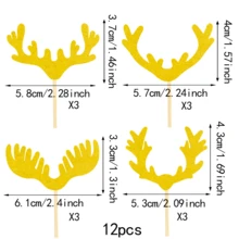 12pcs Christmas Reindeer Horn Cupcake Toppers, Glitter Merry Christmas Reindeer Cupcake Decorations, Ideal For Wedding, Rustic, Country, Birthday, Christmas Party - Gold - View 7