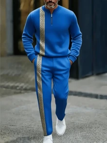 2PCS High-Quality Polyester Men's Long-Sleeved + Long Pants Sportswear Set, 3D Printed Pattern, Anti-Wrinkle And Easy To Care For, Half-Collared Top, European And American Style, Fitness, Outdoor Leisure, Golf, Tennis - Màu xanh lam - Xem 3