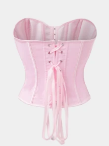 Nueva parte superior de corsé moldeador de Body con botón negro mate texturizado, espina de pescado, cordón, cintura ceñida, top corto para fiesta - Rosado Sandía - Ver 4