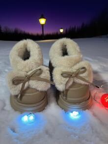 Women's Comfortable Chunky-Soled Boots, Featuring Plush Fur For Warmth Retention, An Exquisite Bow Design, Chunky Soles Ideal For Winter.