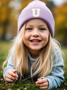1pc Kids Embroidered 26 Letters Knit Beanie Hat, Children's Warm & Soft Knitted Hat, Unisex Baby Personalized Casual Knit Cap, Suitable For Daily Wear - Purple - View 2