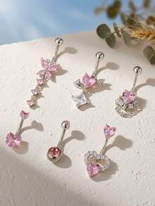 6pcs Sexy Luxury Butterfly, Heart, Star Zirconia Navel Rings Set, Intimate Piercing Jewelry For Party - 6 Items - View 4