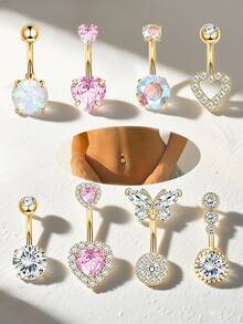 8pcs Sexy Glamorous Butterfly & Heart Shaped Cubic Zirconia Navel Rings Set, Intimate Piercing Jewelry For Party