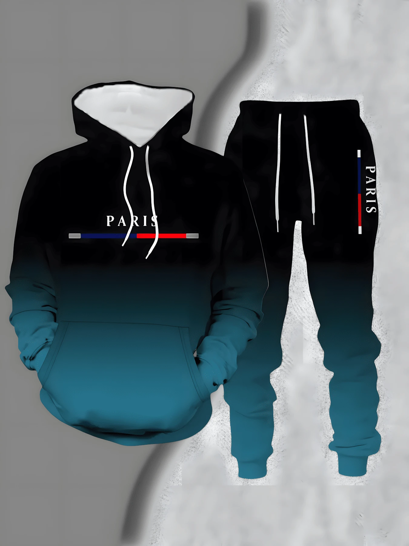 [2-Piece Set] Lightweight Polyester Men's Casual Sports Hooded Sweatshirt Set(Runs Small, Please Refer To Size Chart), Long-Sleeved Hooded Sweatshirt With Drawstring Trousers, Jogging Suit, Overall Black And Blue Gradient Color Matching, Paris Letter Print Design, Regular Version, Knitted Fabric, Suitable For Outdoor, Daily Life, And Gym(Minor Imperfections May Occur | Photo For Compensation) - 彩色 - 查看 1