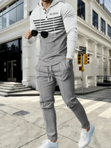 [2-Piece Set] Men's Casual Sports Suit, Men's Hooded Sweatshirt Suit, Long-Sleeved Button Hooded Sweatshirt With Drawstring Trousers, Regular Version, Knitted Fabric, New Autumn And Winter Style, Suitable For Daily Life, Outdoor Activities, And Vacations - Nhiều màu - Xem 1