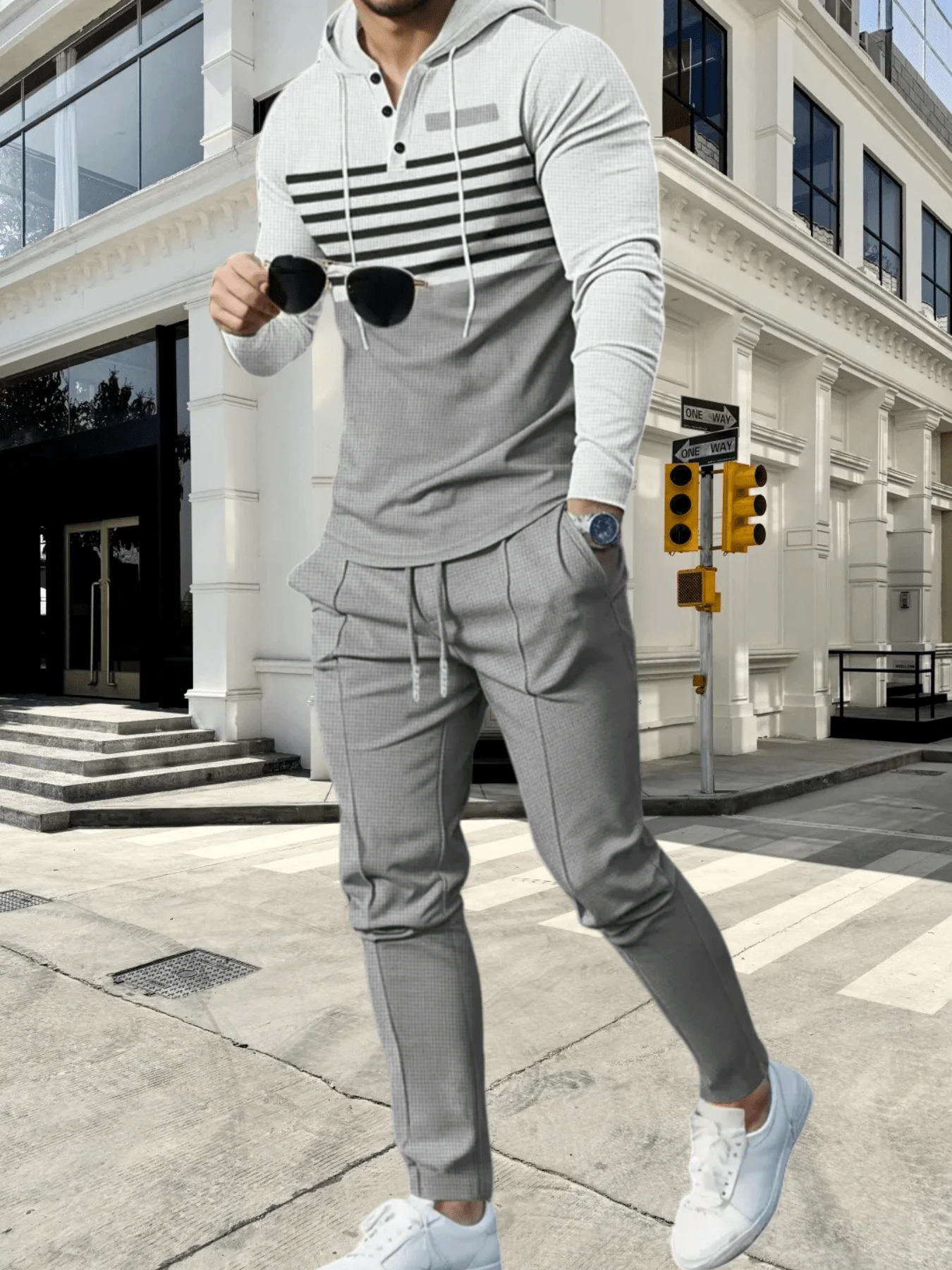 [2-Piece Set] Men's Casual Sports Suit, Men's Hooded Sweatshirt Suit, Long-Sleeved Button Hooded Sweatshirt With Drawstring Trousers, Regular Version, Knitted Fabric, New Autumn And Winter Style, Suitable For Daily Life, Outdoor Activities, And Vacations - Nhiều màu - Xem 1