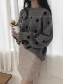 EAVA Fashion 女款針織上衣，灰色配黑色波點長袖套頭毛衣，標準版型，羅紋針織細節，舒適面料 - 灰色 - 查看 8