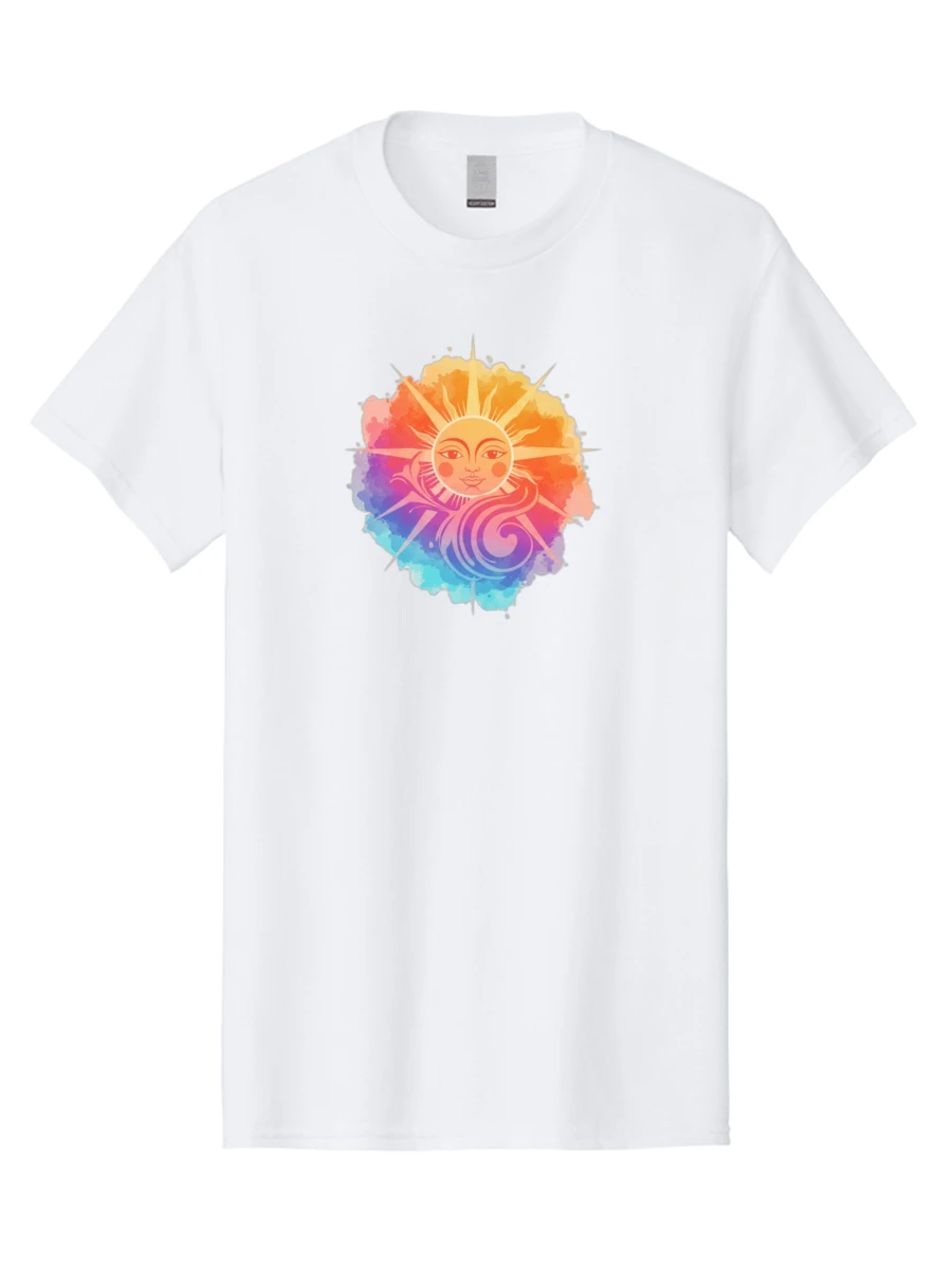 Sun-Symbol Men's Graphic Tee, 100% Cotton, Comfortable Casual Summer Wear, Machine Washable, Travel Clothes, Sun Symbol, Watercolor Design, Colorful Illustration, Abstract Art, Vibrant Colors, Mystical, Spiritual, Esoteric, Rainbow Hues, Creative, ArtisticClothing Salesgraphic T-Shirt, Custom T-Shirt, Funny T-Shirt, Men's T-Shirt, Top, Crew Neck - BAH202