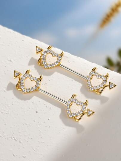 2pcs Stainless Steel Heart & Devil Horn Shaped Earrings For Women