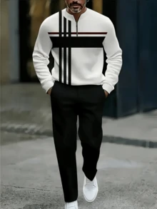 2PCS High-Quality Polyester Men's Long-Sleeved + Long Pants Sportswear Set, 3D Printed Pattern, Anti-Wrinkle And Easy To Care For, Half-Collared Top, European And American Style, Fitness, Outdoor Leisure, Golf, Tennis - 黑色 - 查看 3