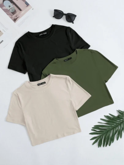 Kit 3 Blusa Cropped Feminino Algodao Tendencia Academia Casual Elegante Versátil primavera 2025 novidade