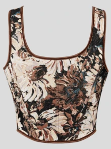 一件女士复古印花抹胸上衣，乡村风格紧身露脐上衣，前系带设计，胸部支撑性好，适合音乐节、情人节、旅行和度假穿着。 - 彩色 - 查看 3