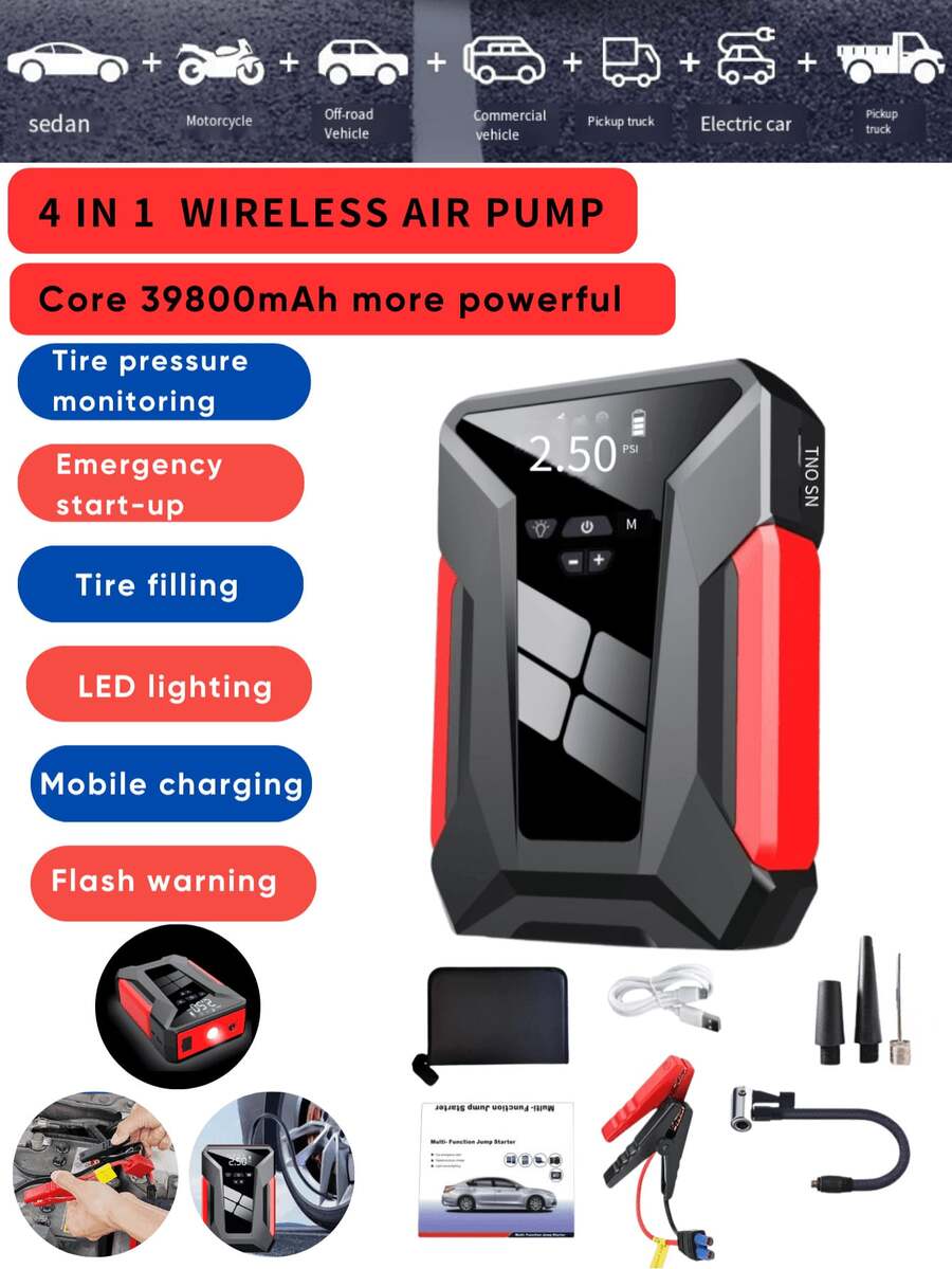 Portable Car Jump Starter With Air Compressor, Emergency LED Light & Power Bank – Fast Charging For Phones, Laptops, Cars, Trucks, RVs, And More – Includes Storage Bag, Vehicle Battery Charger | Sleek Battery Pack | Advanced Features, Portable Car Battery Jump Starter - 彩色 - 查看 1