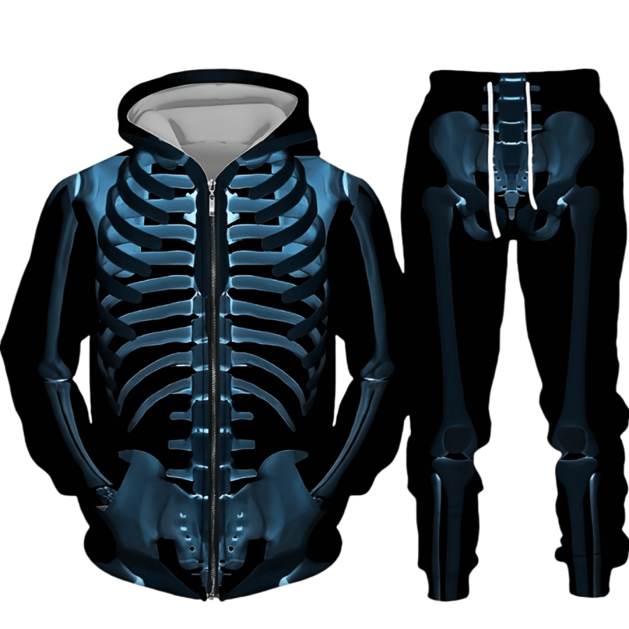 [2-Piece Set] Halloween Exclusive, Men’s Casual Sports Hooded Suit, Long-Sleeved Hoodie With Drawstring Trousers, New Autumn And Winter Style, Blue Skull Pattern Print Design, Regular Version, Knitted Fabric, Simple And Bold, Gothic Style