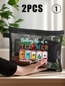 教师答谢礼物网眼大容量便携式化妆包，印有“老师”字样，玫瑰红色亚麻零钱包，化妆包，有衬里，无封口 - 非常适合教育工作者和学校工作人员，教师答谢礼物，时尚休闲配饰，适合外出、度假、日常通勤，化妆包，适合假日海滩、浴室收藏、卧室收藏，大容量 - 黑色 - 查看 24